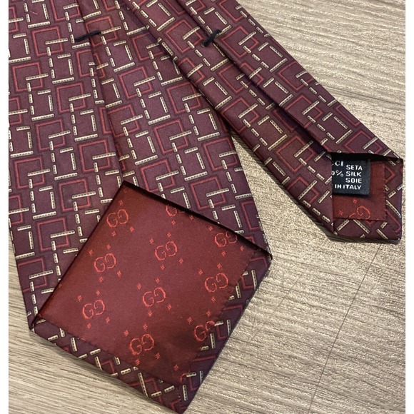 Gucci Mens Silk Tie Maroon Gold Made In Italy - Picture 4 of 9